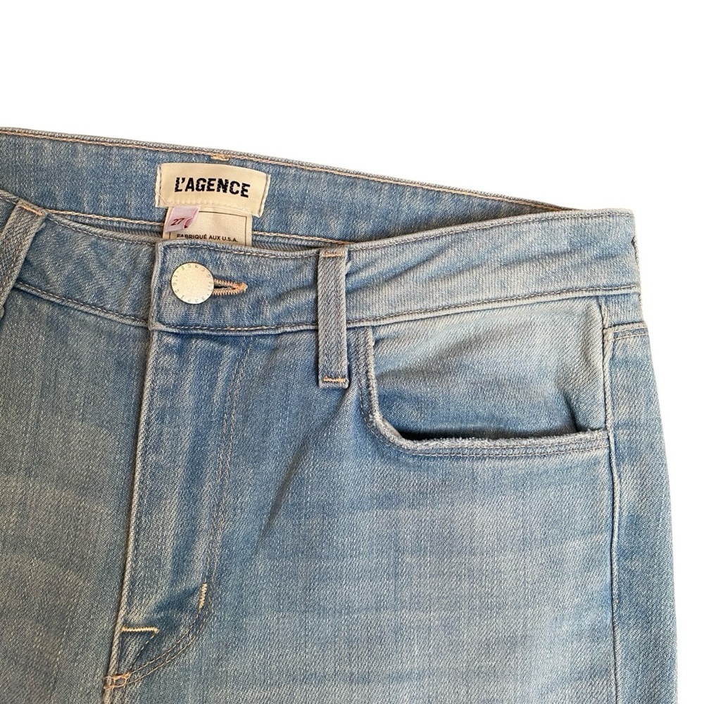 L’AGENCE Sera High Rise Flare Jeans 27 Blue Cloud Light Wash Raw Hem - Picture 7 of 15